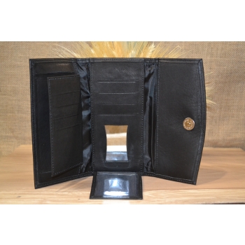 Portfel duży skórzany ciemnobrązowy z etnicznym kolorowym haftem .